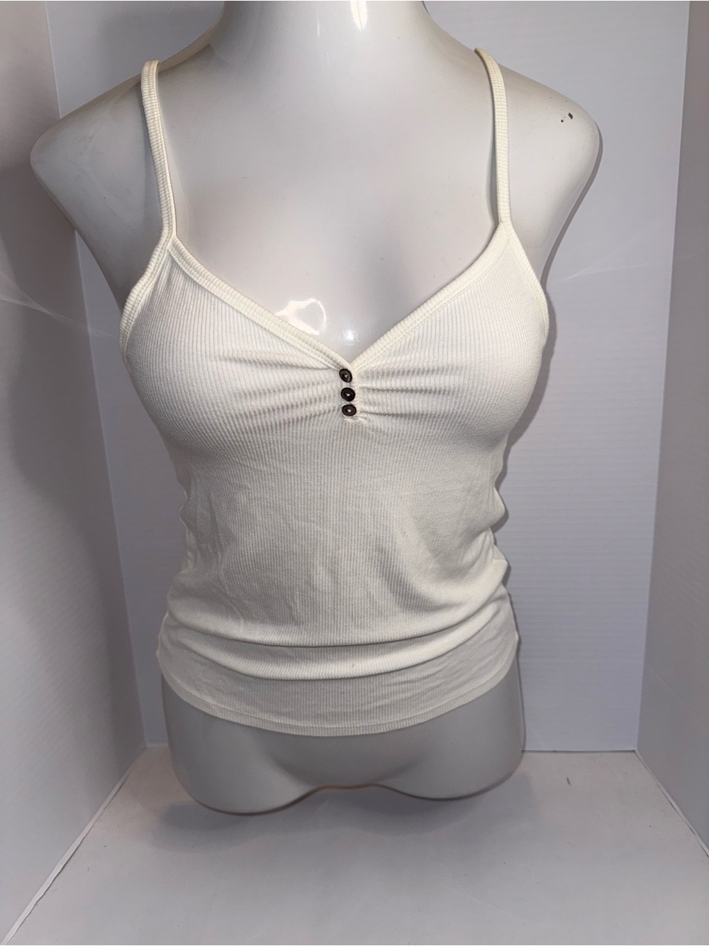 American Eagle Outfitters Cream Ribbed V-Neck Cami with Button Detail